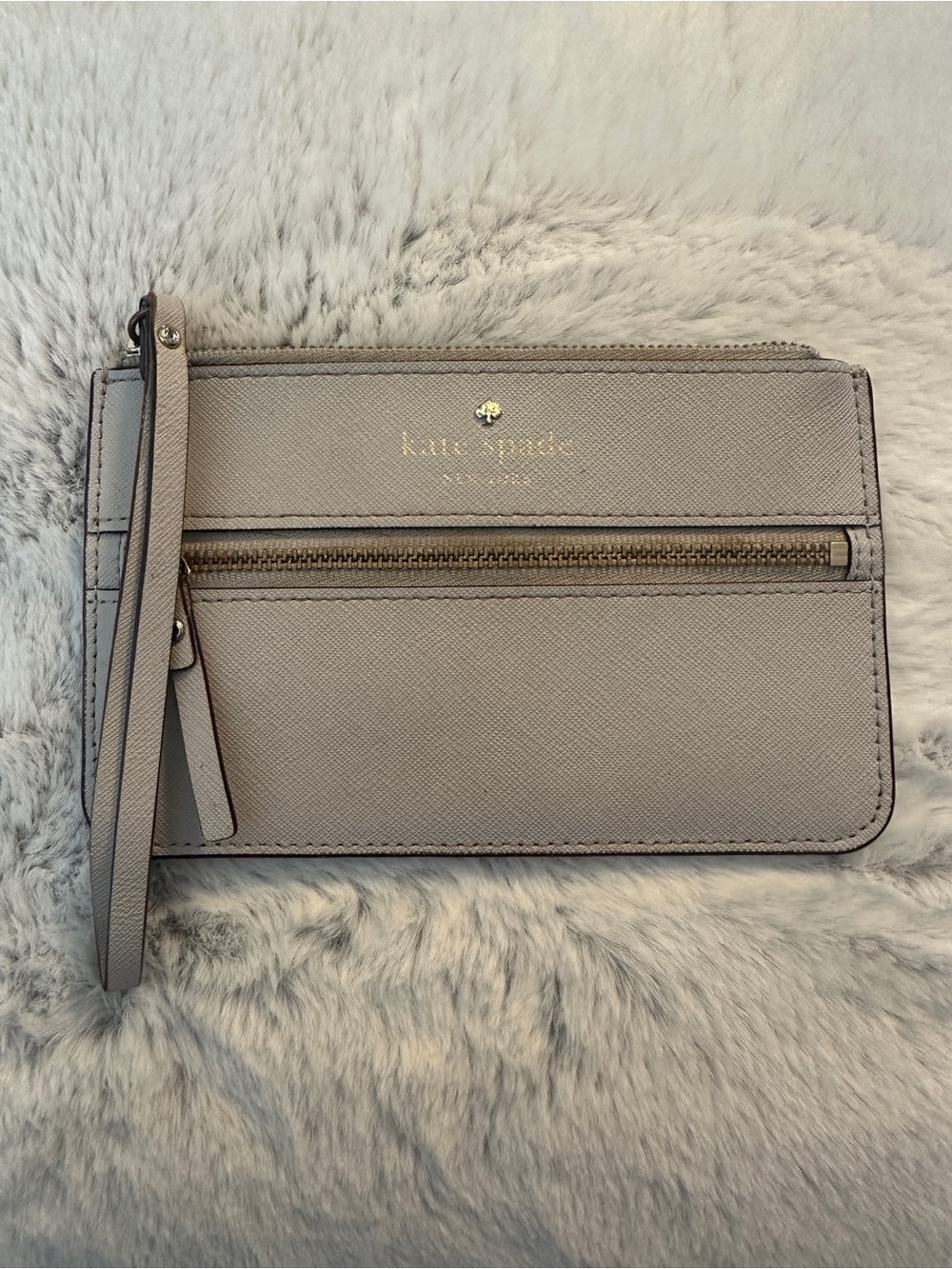 kate spade Light Gray Saffiano Leather Wristlet with Gold Logo